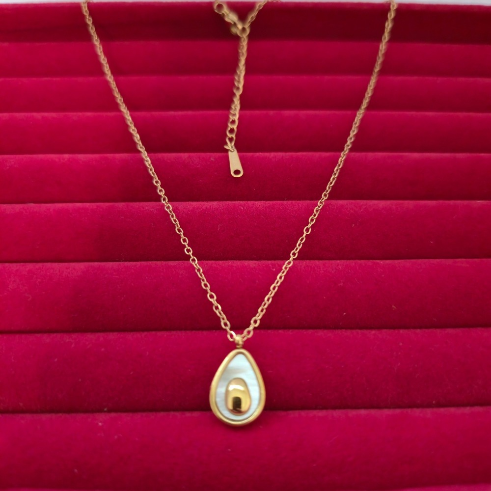 Gold Plated Stainless Steel Avocado Pendant Necklace White Shell Inlay 16-18 J11
